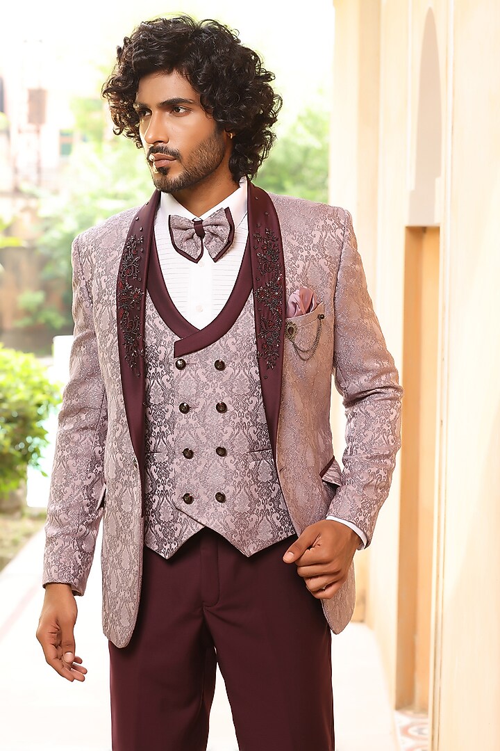 Magenta Pink Weaved Jacquard Hand Embroidered Tuxedo Set by Zoop Men at Pernia's Pop Up Shop