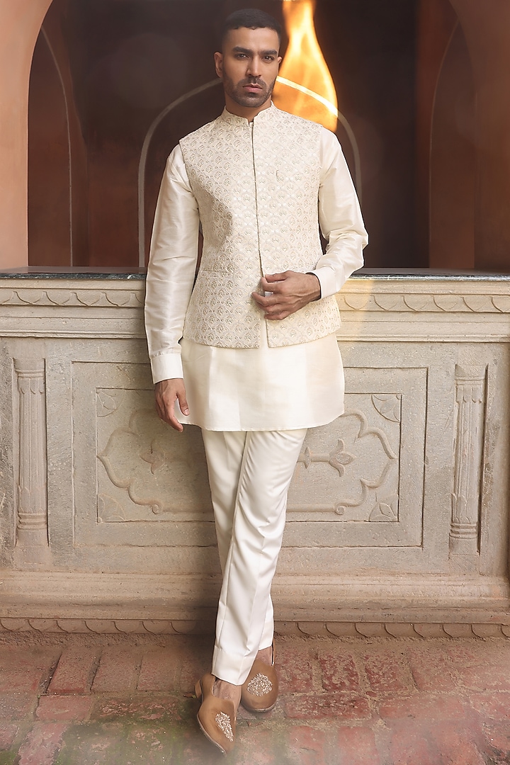 Light Gold Poly Silk Machine Embroidered Bundi Jacket Set by Zoop Men