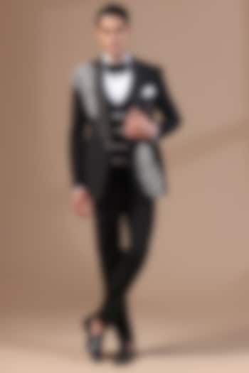 Black Jacquard Pearl Hand Embroidered Tuxedo Set by Zoop Men at Pernia's Pop Up Shop
