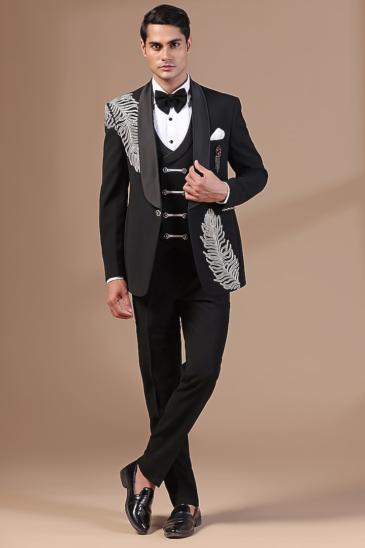Black Jacquard Pearl Hand Embroidered Tuxedo Set by Zoop Men at Pernia's Pop Up Shop