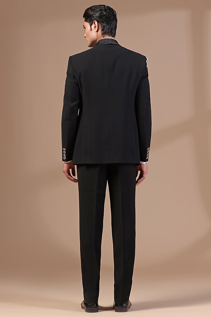 Black Jacquard Pearl Hand Embroidered Tuxedo Set by Zoop Men at Pernia's Pop Up Shop