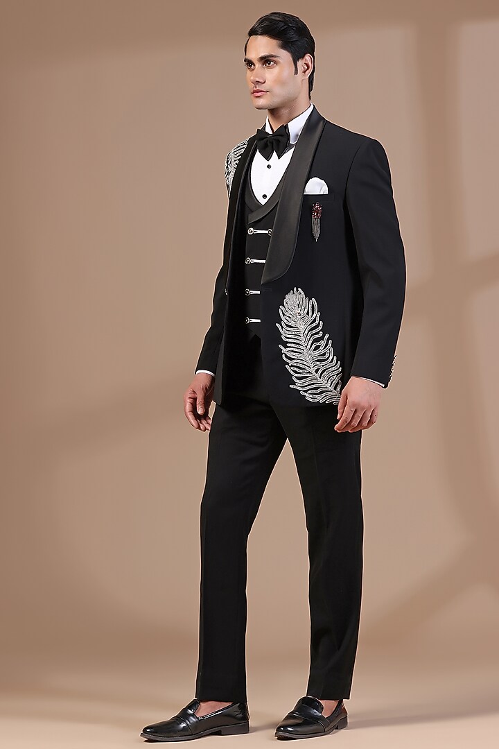 Black Jacquard Pearl Hand Embroidered Tuxedo Set by Zoop Men at Pernia's Pop Up Shop