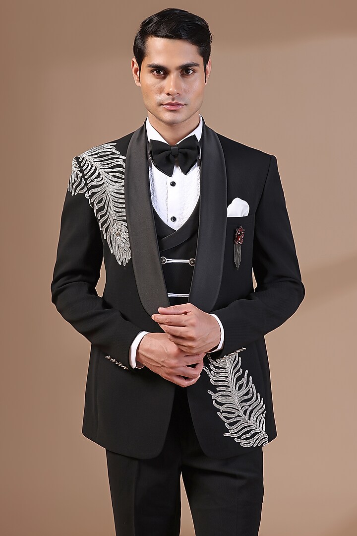 Black Jacquard Pearl Hand Embroidered Tuxedo Set by Zoop Men at Pernia's Pop Up Shop