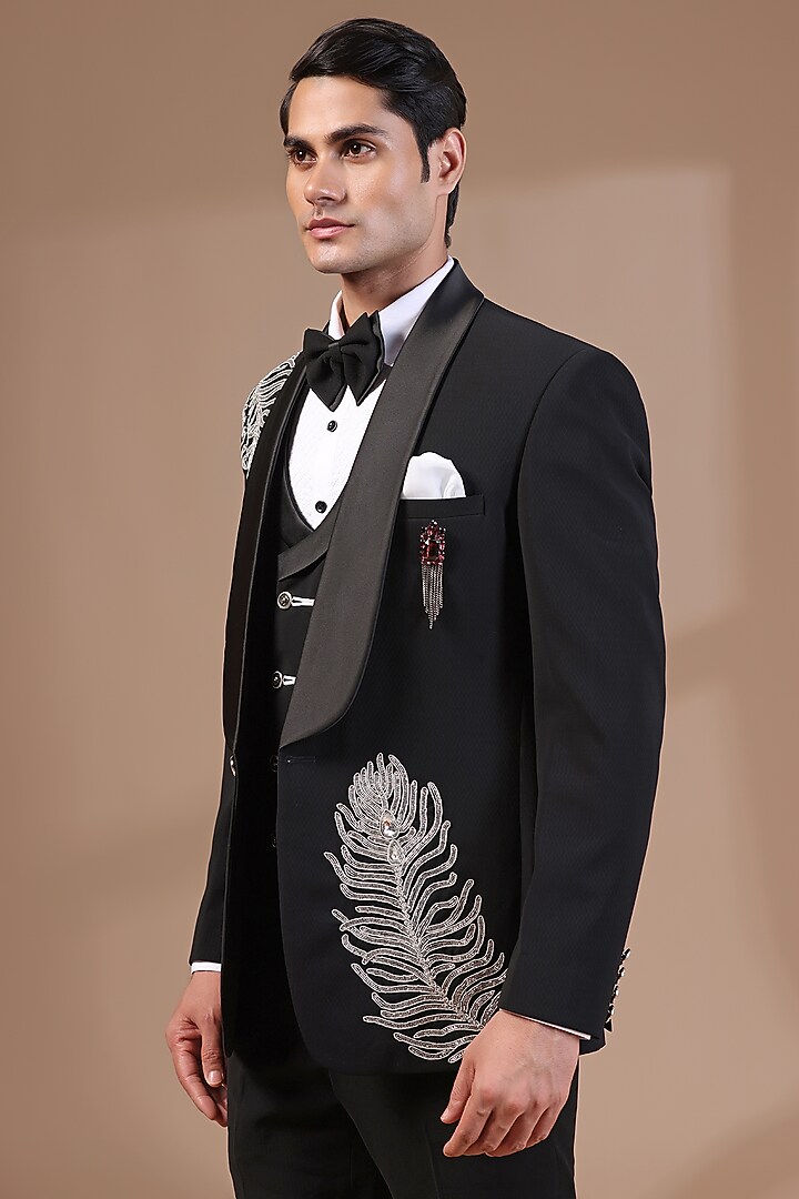 Black Jacquard Pearl Hand Embroidered Tuxedo Set by Zoop Men at Pernia's Pop Up Shop
