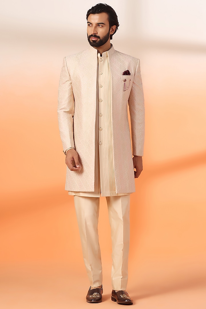 Peach Jacquard Silk Thread Embroidered Indowestern Jacket Set by Zoop Men