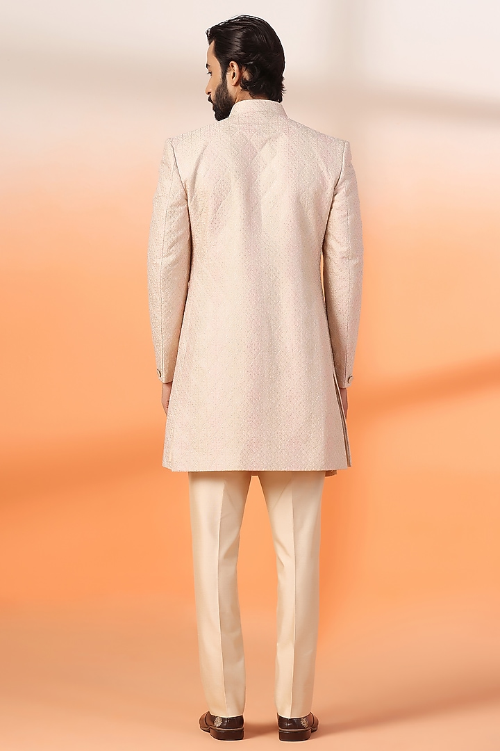 Peach Jacquard Silk Thread Embroidered Wedding Indowestern Jacket Set by Zoop Men at Pernia's Pop Up Shop
