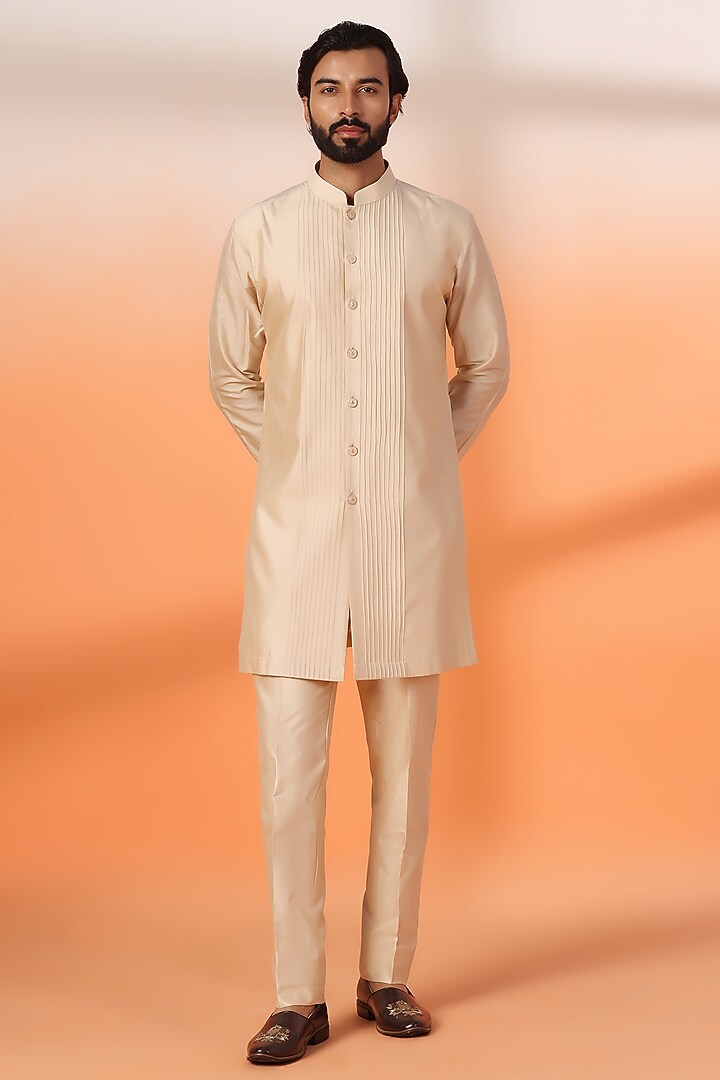 Peach Jacquard Silk Thread Embroidered Wedding Indowestern Jacket Set by Zoop Men at Pernia's Pop Up Shop
