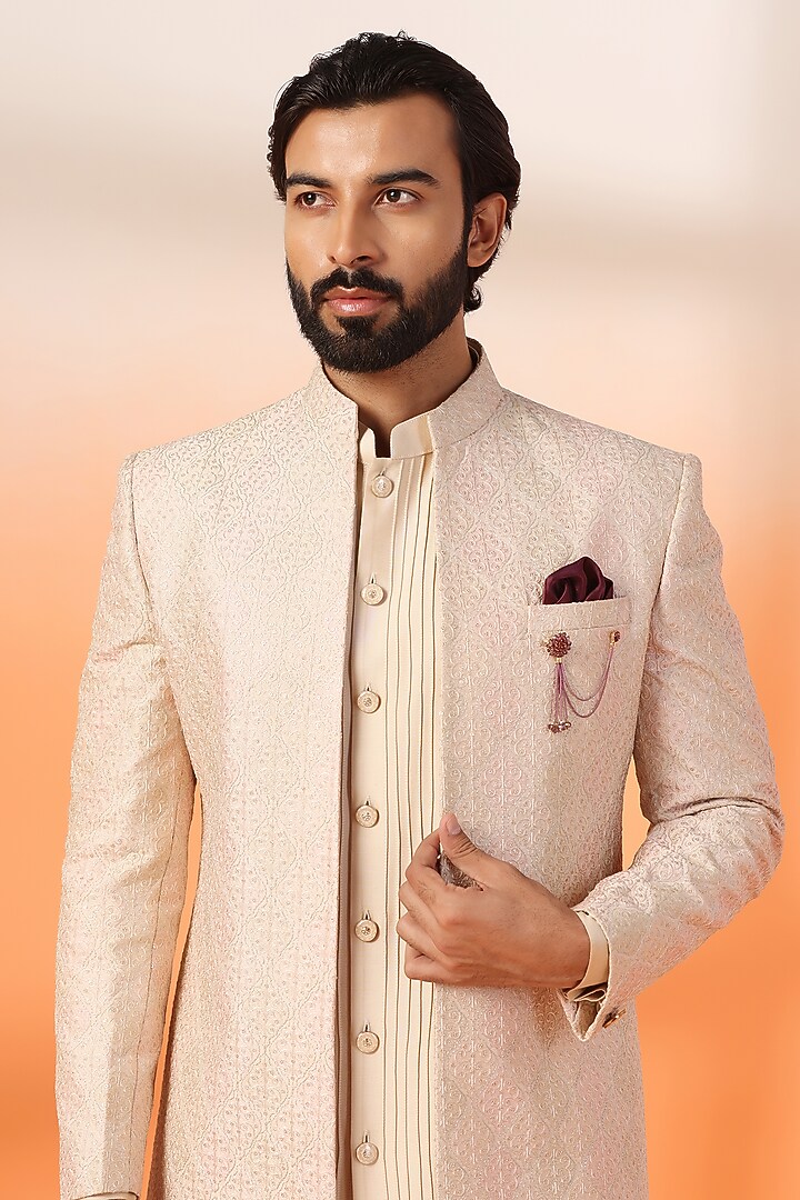 Peach Jacquard Silk Thread Embroidered Wedding Indowestern Jacket Set by Zoop Men at Pernia's Pop Up Shop