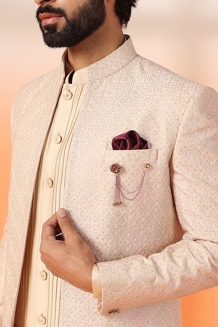 Peach Jacquard Silk Thread Embroidered Wedding Indowestern Jacket Set by Zoop Men at Pernia's Pop Up Shop