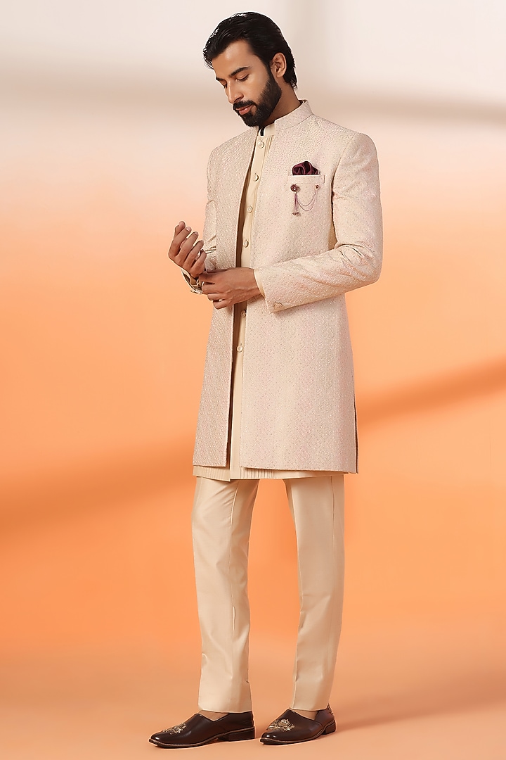 Peach Jacquard Silk Thread Embroidered Wedding Indowestern Jacket Set by Zoop Men at Pernia's Pop Up Shop