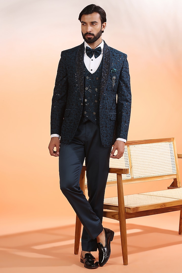 Teal Jacquard Hand Embroidered Tuxedo Set by Zoop Men at Pernia's Pop Up Shop