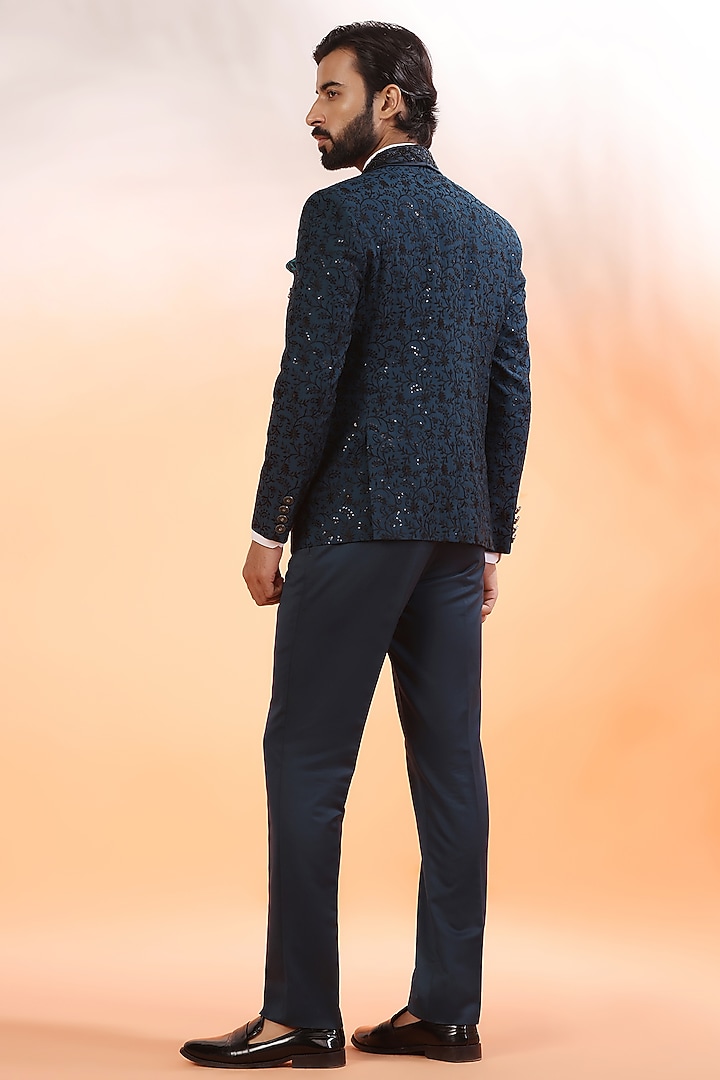 Teal Jacquard Hand Embroidered Tuxedo Set by Zoop Men at Pernia's Pop Up Shop