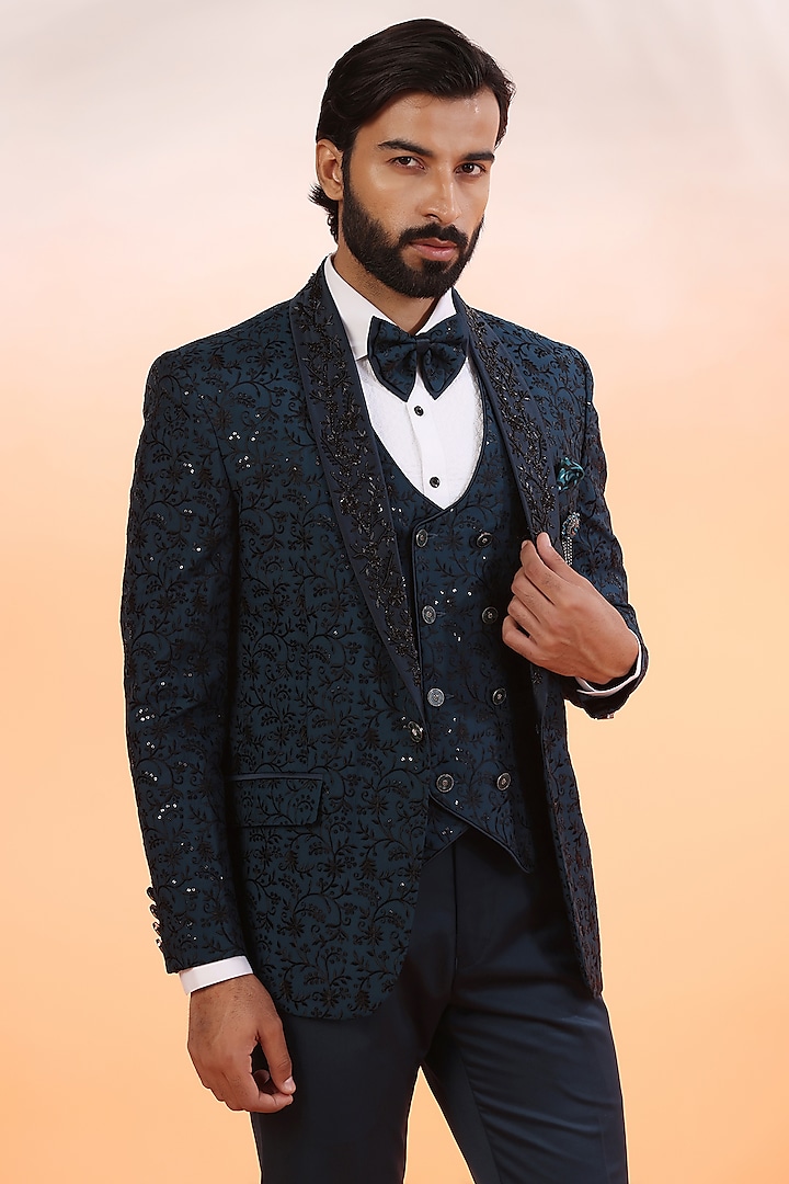 Teal Jacquard Hand Embroidered Tuxedo Set by Zoop Men at Pernia's Pop Up Shop