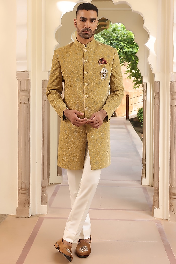 Light Green Velvet Thread Embroidered Achkan Style Indowestern Set by Zoop Men