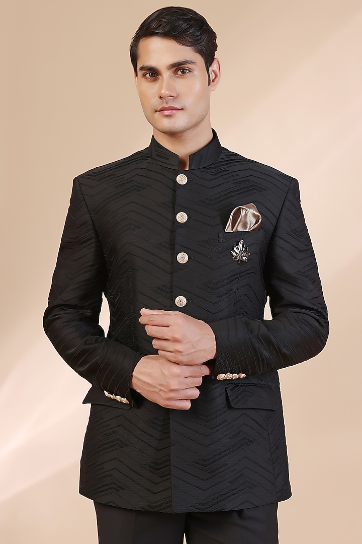Black Jacquard Geometric Thread Embroidered Bandhgala Set by Zoop Men at Pernia's Pop Up Shop