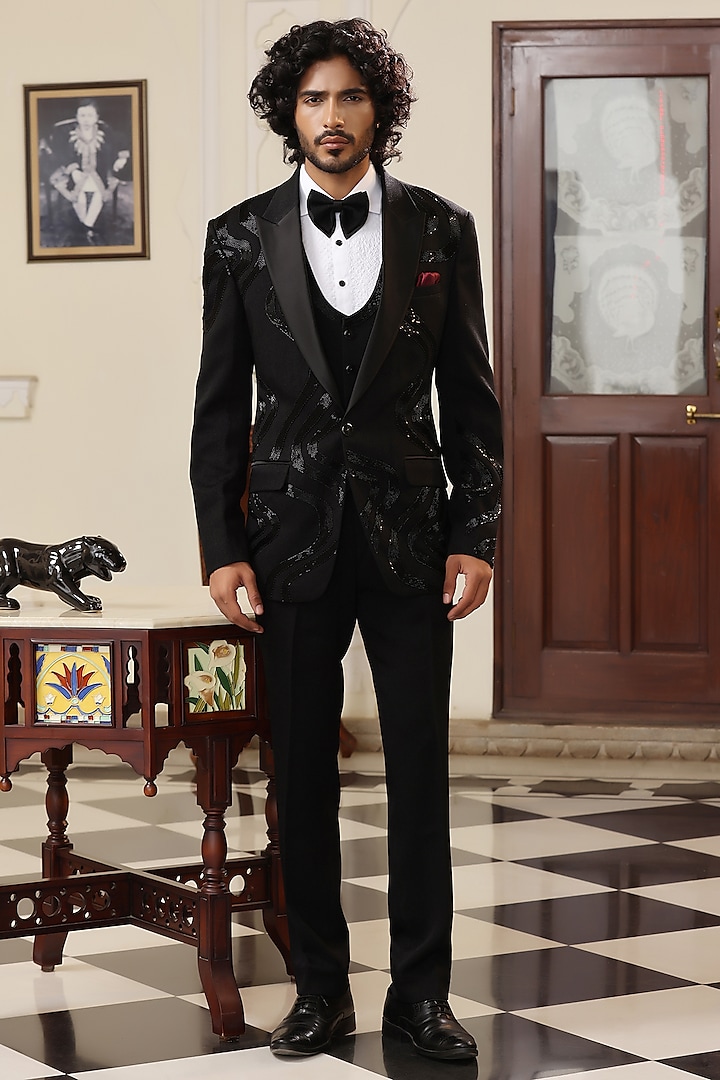 Black Japanese Lycra Hand Embellished Tuxedo Set by Zoop Men at Pernia's Pop Up Shop