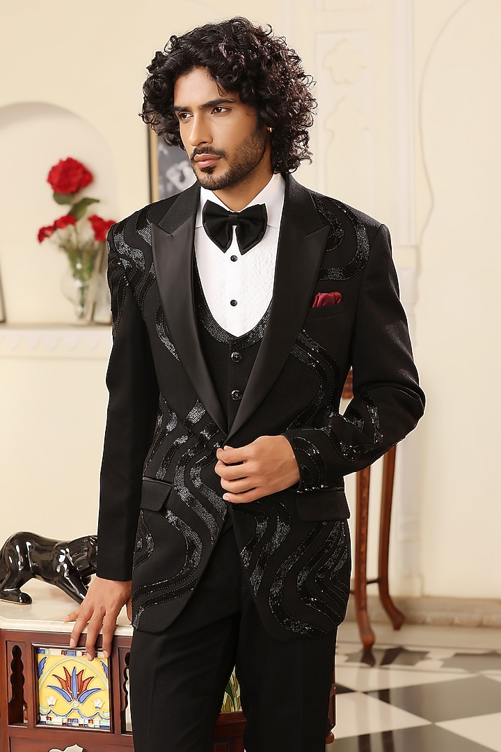 Black Japanese Lycra Hand Embellished Tuxedo Set by Zoop Men at Pernia's Pop Up Shop