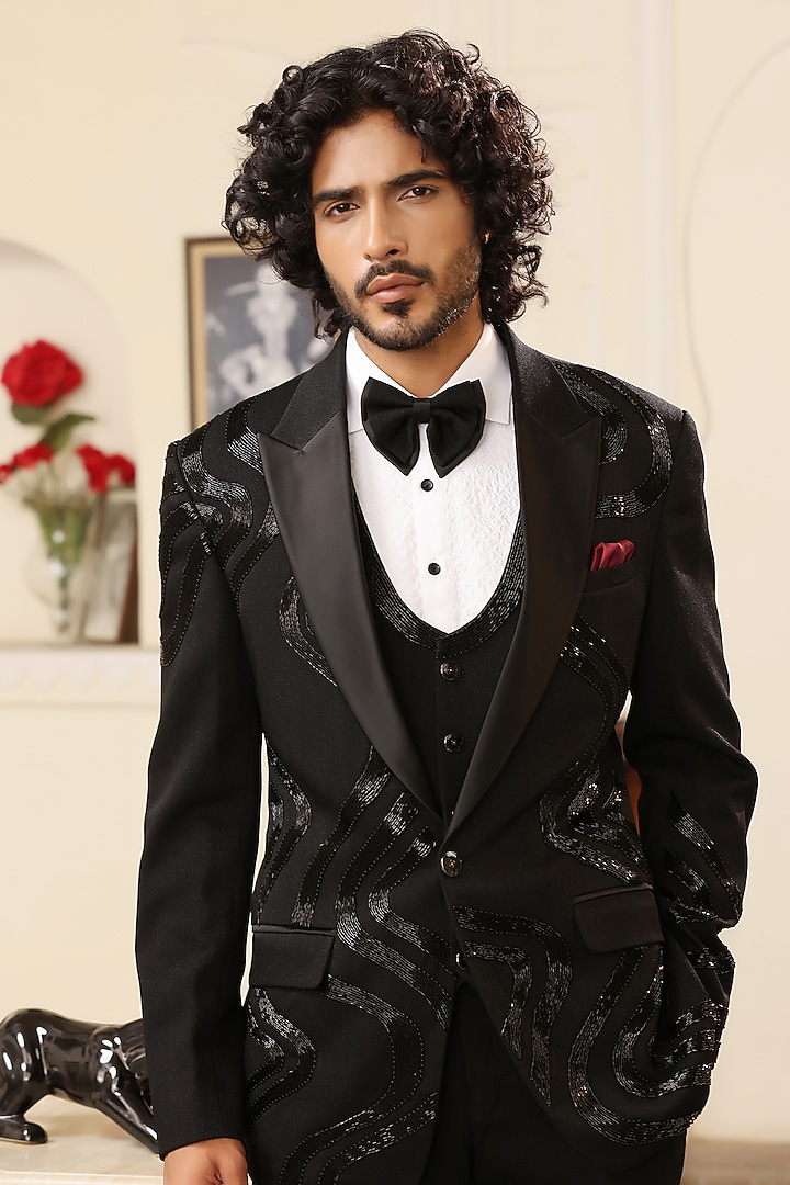 Black Japanese Lycra Hand Embellished Tuxedo Set by Zoop Men at Pernia's Pop Up Shop