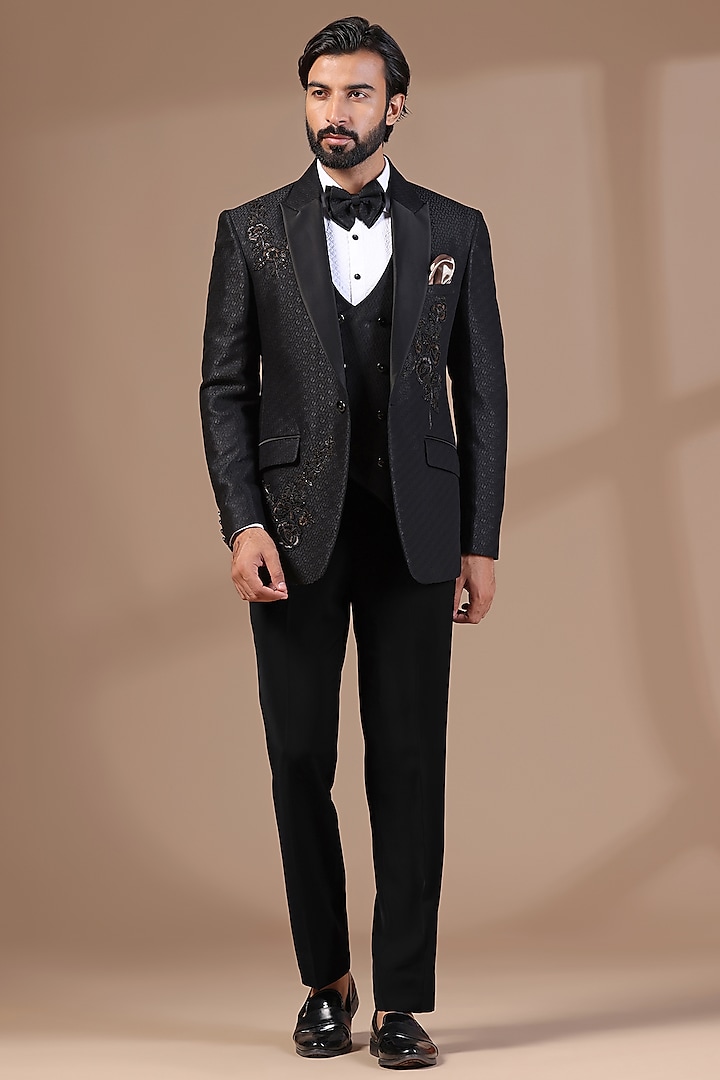 Dark Grey Jacquard Hand Embroidered & Printed Tuxedo Set by Zoop Men