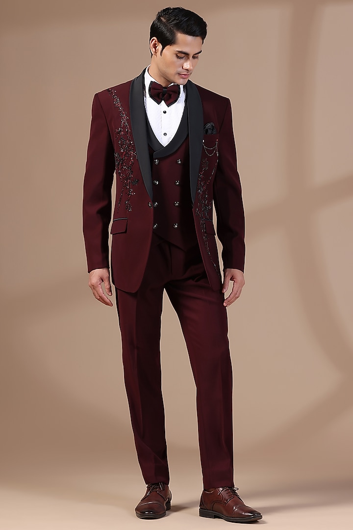 Wine Japanese Lycra Motifs Hand Embroidered Tuxedo Set by Zoop Men at Pernia's Pop Up Shop