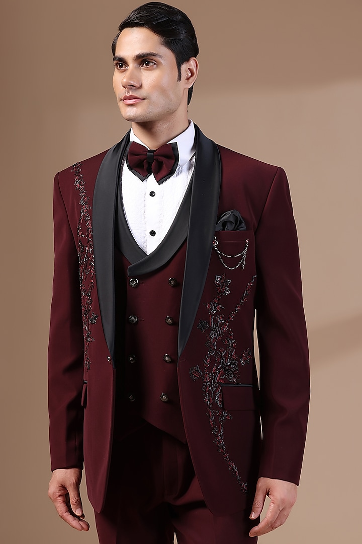 Wine Japanese Lycra Motifs Hand Embroidered Tuxedo Set by Zoop Men at Pernia's Pop Up Shop