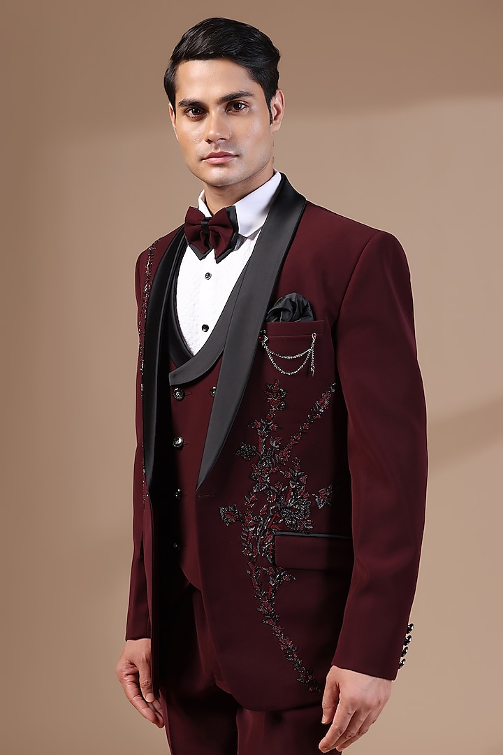 Wine Japanese Lycra Motifs Hand Embroidered Tuxedo Set by Zoop Men at Pernia's Pop Up Shop