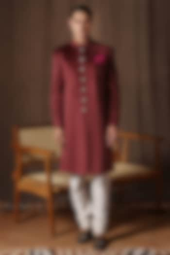 Maroon Fine Velvet Achkan Sherwani Set by Zoop Men