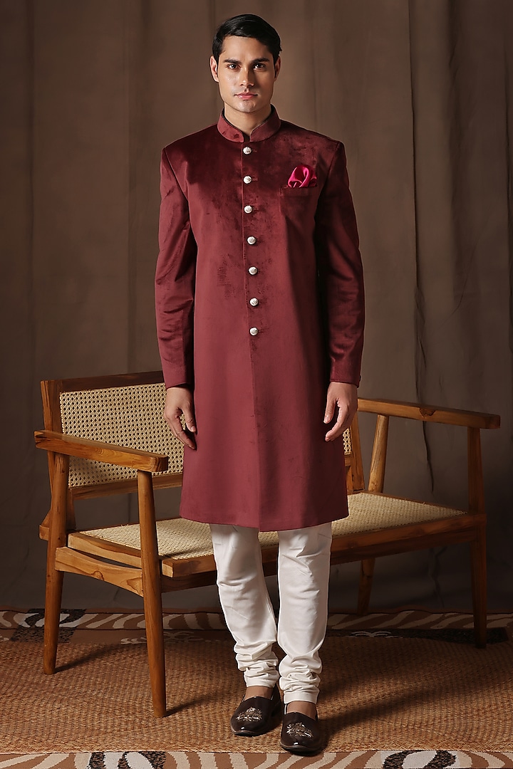 Maroon Fine Velvet Achkan Sherwani Set by Zoop Men