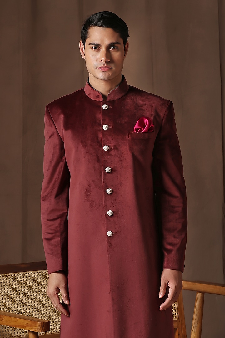 Maroon Fine Velvet Achkan Wedding Sherwani Set by Zoop Men at Pernia's Pop Up Shop