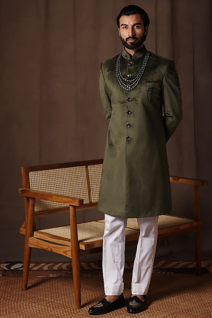 Mehendi Green Fine Velvet Wedding Sherwani Set by Zoop Men at Pernia's Pop Up Shop