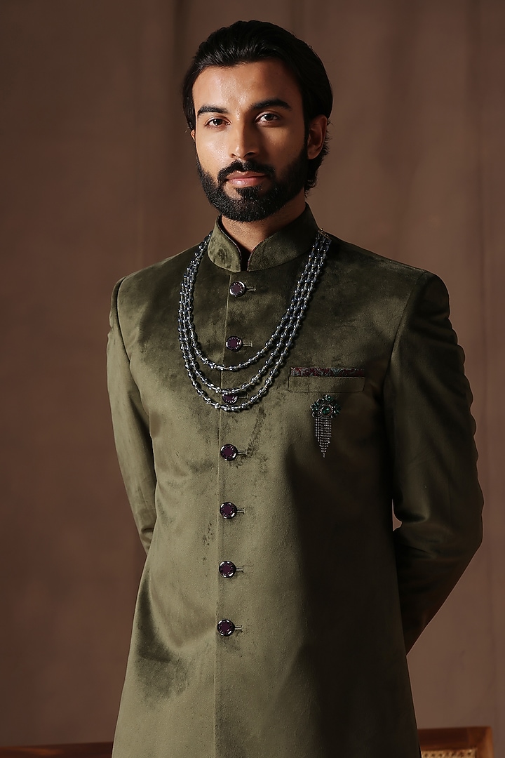 Mehendi Green Fine Velvet Wedding Sherwani Set by Zoop Men at Pernia's Pop Up Shop