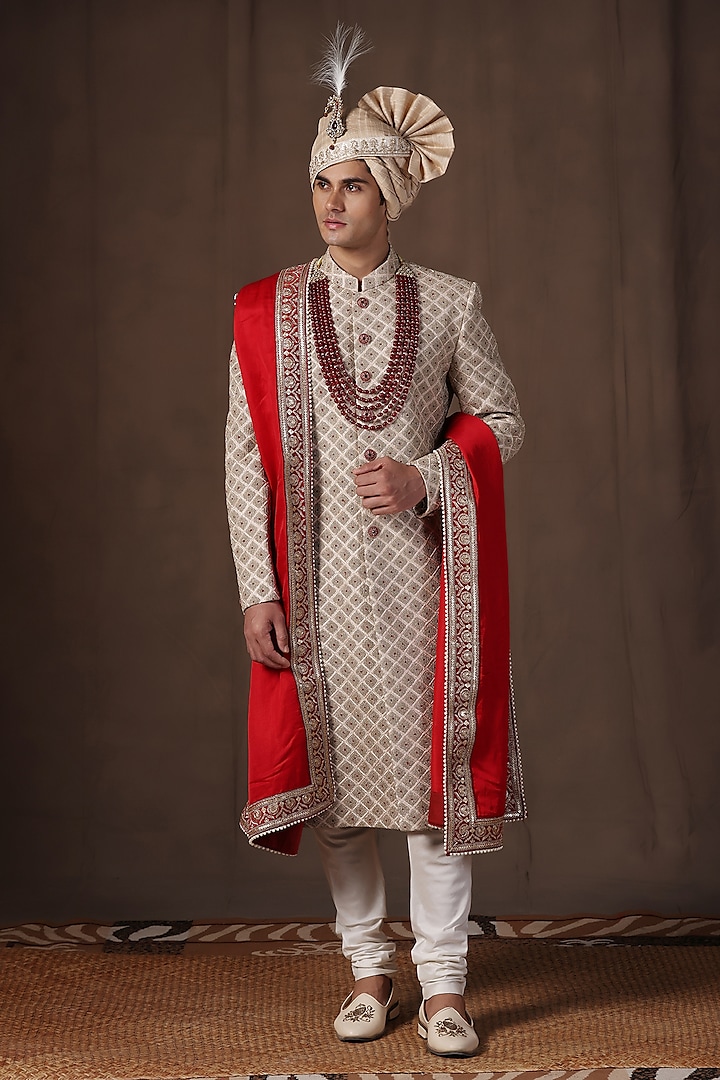 Gold Jacquard Silk Machine Embroidered Wedding Sherwani Set by Zoop Men at Pernia's Pop Up Shop