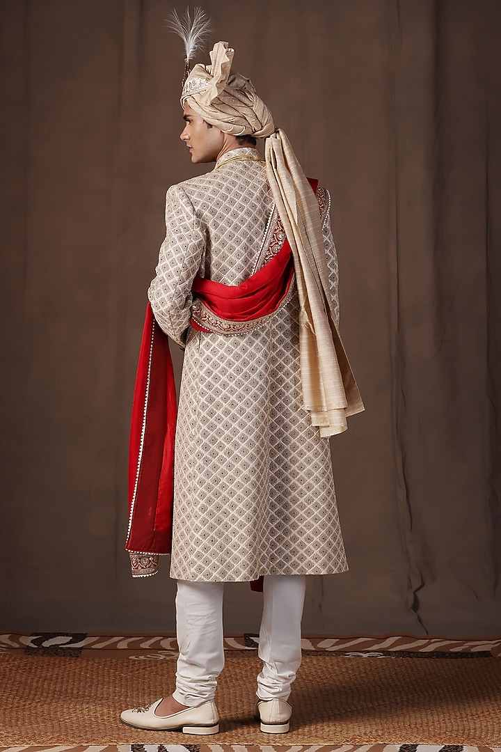Gold Jacquard Silk Machine Embroidered Wedding Sherwani Set by Zoop Men at Pernia's Pop Up Shop