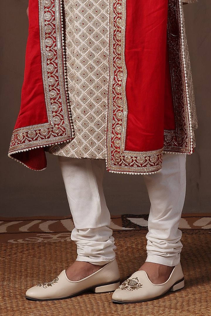 Gold Jacquard Silk Machine Embroidered Wedding Sherwani Set by Zoop Men at Pernia's Pop Up Shop