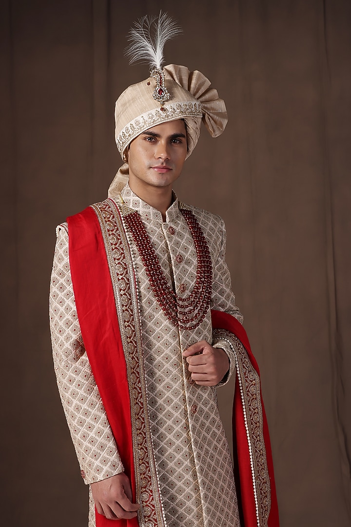 Gold Jacquard Silk Machine Embroidered Wedding Sherwani Set by Zoop Men at Pernia's Pop Up Shop