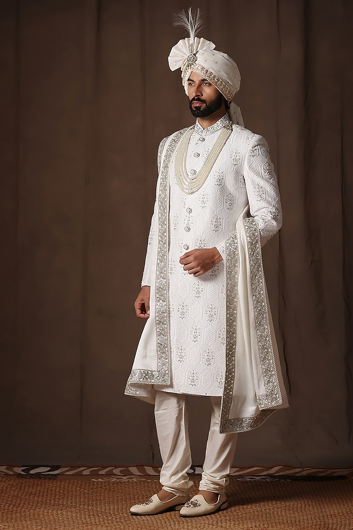 White Jacquard Silk Pearl and Dabka Hand Embroidered Wedding Sherwani Set by Zoop Men at Pernia's Pop Up Shop