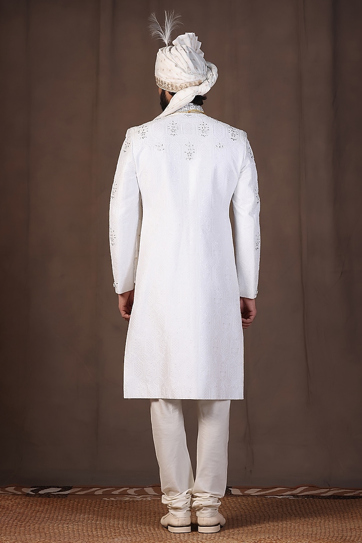 White Jacquard Silk Pearl and Dabka Hand Embroidered Groom Sherwani Set by Zoop Men at Pernia's Pop Up Shop