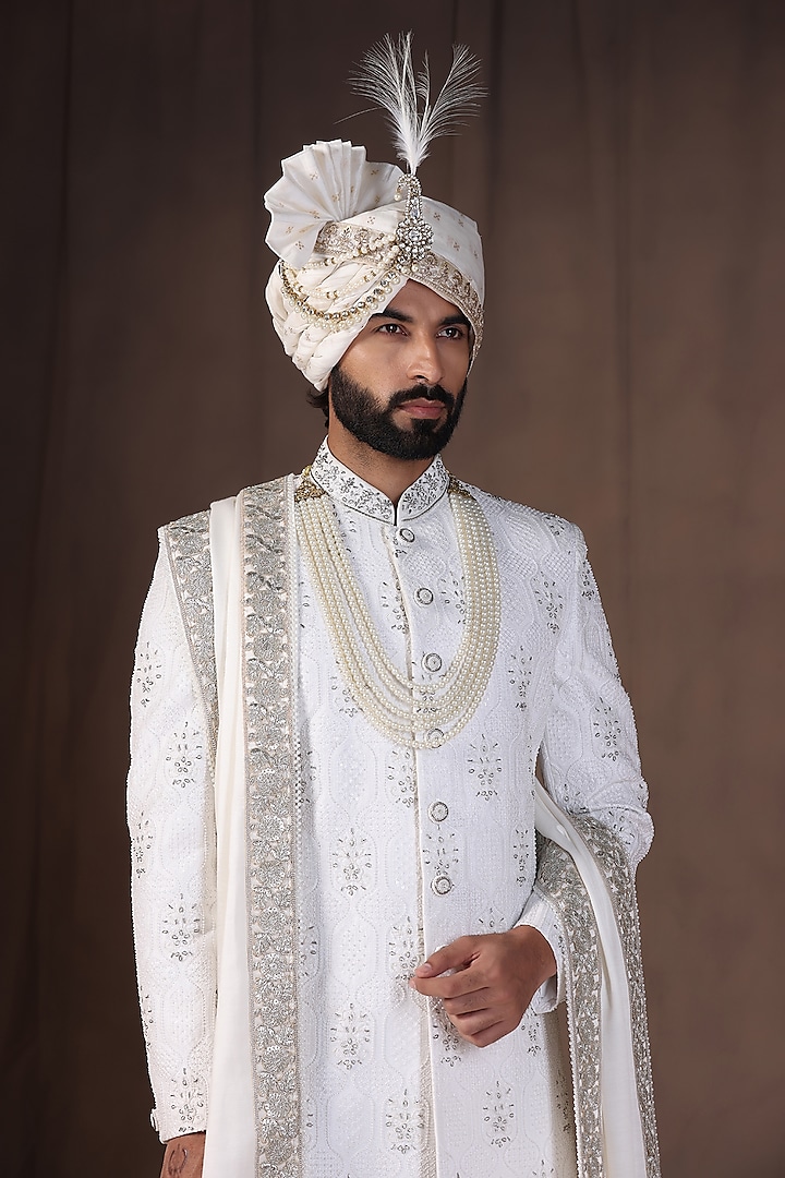 White Jacquard Silk Pearl and Dabka Hand Embroidered Groom Sherwani Set by Zoop Men at Pernia's Pop Up Shop