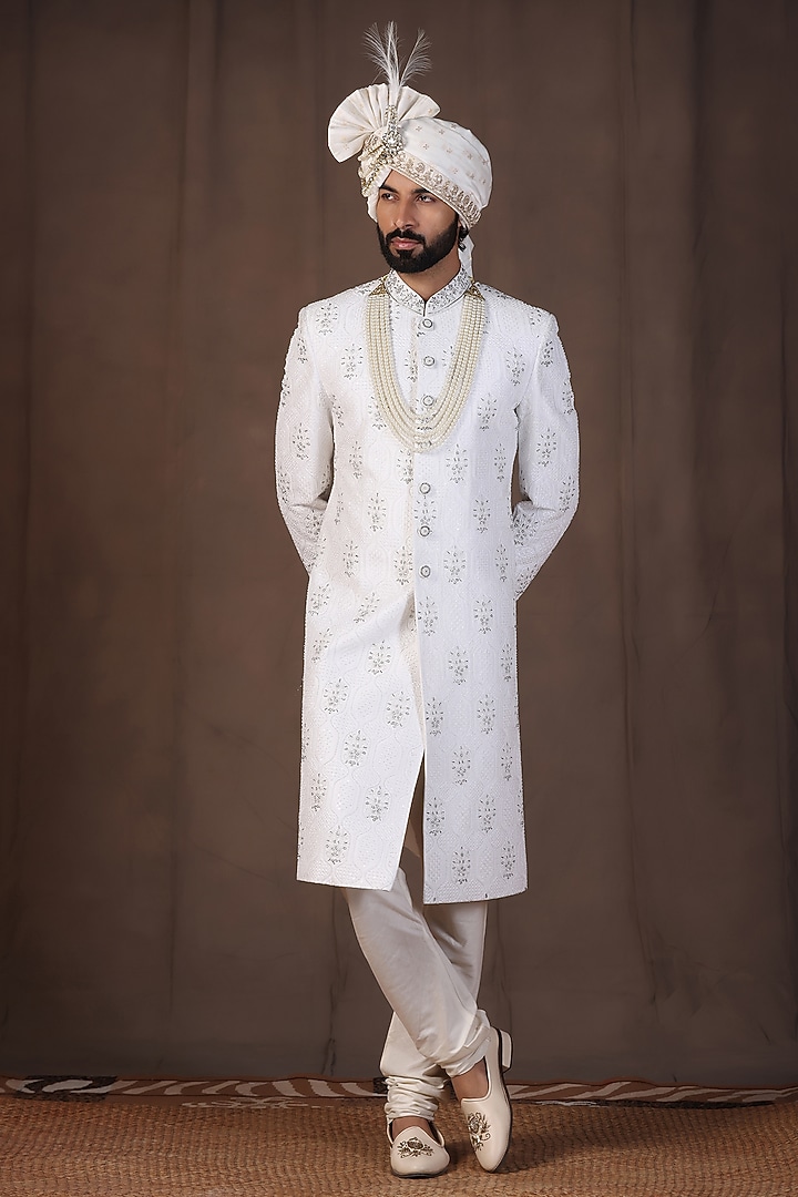 White Jacquard Silk Pearl and Dabka Hand Embroidered Groom Sherwani Set by Zoop Men at Pernia's Pop Up Shop