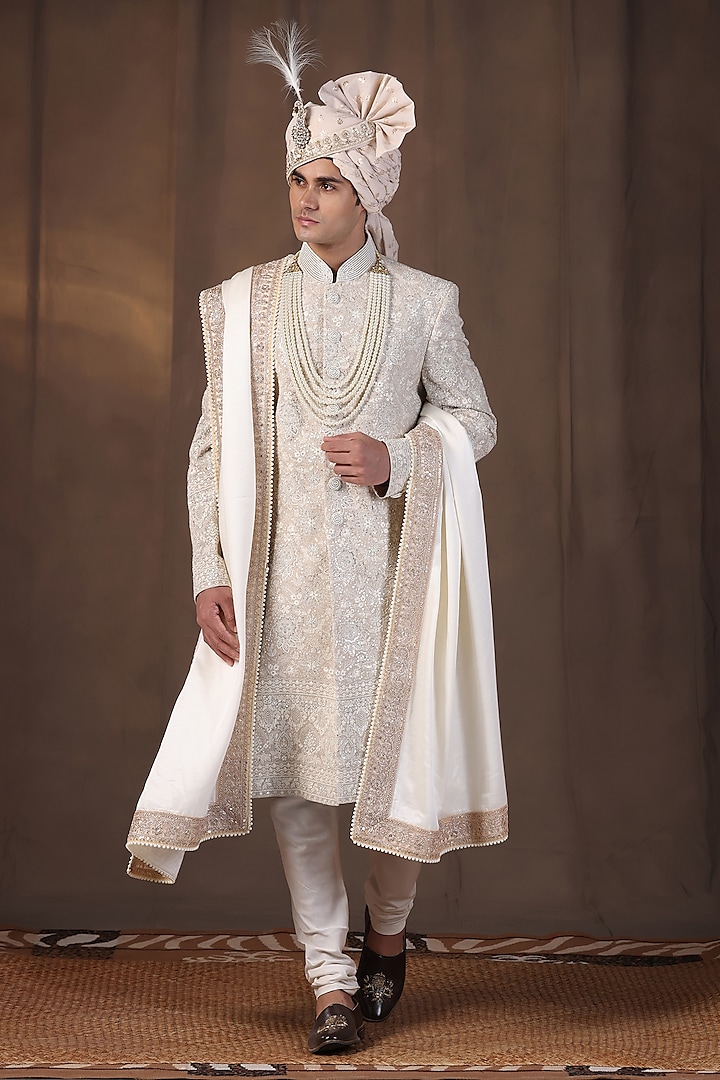 Light Grey Ivory Jacquard Silk Pearl and Dabka Hand Embroidered Sherwani Set by Zoop Men