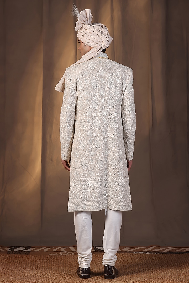 Light Grey Ivory Jacquard Silk Pearl and Dabka Hand Embroidered Wedding Sherwani Set by Zoop Men at Pernia's Pop Up Shop