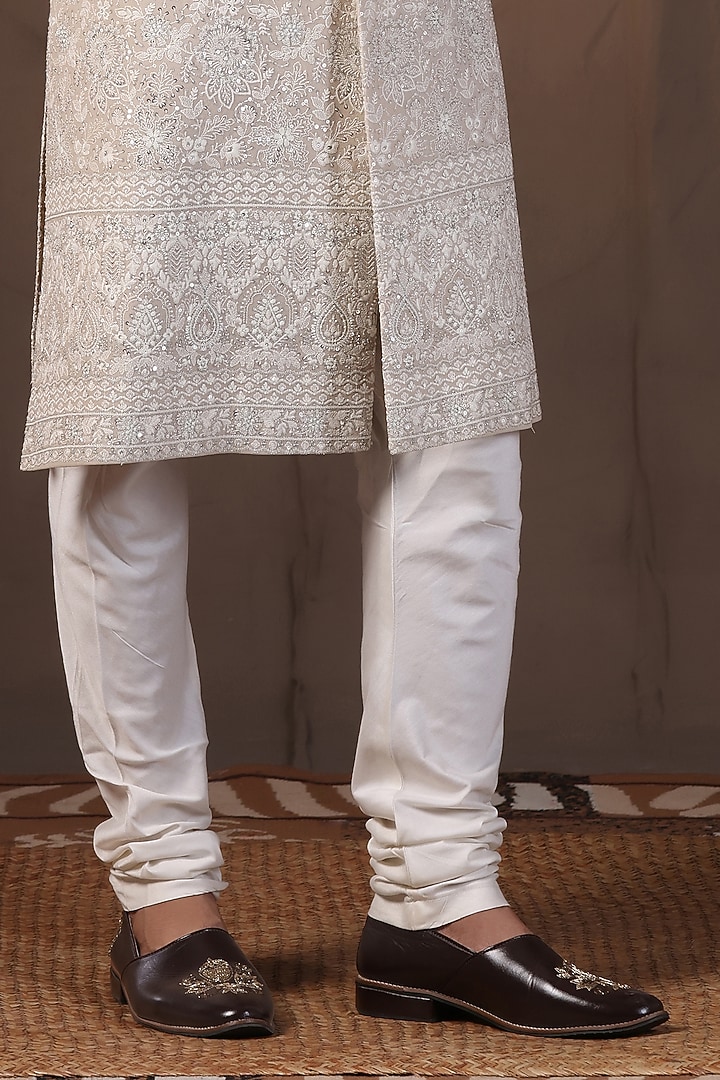 Light Grey Ivory Jacquard Silk Pearl and Dabka Hand Embroidered Wedding Sherwani Set by Zoop Men at Pernia's Pop Up Shop