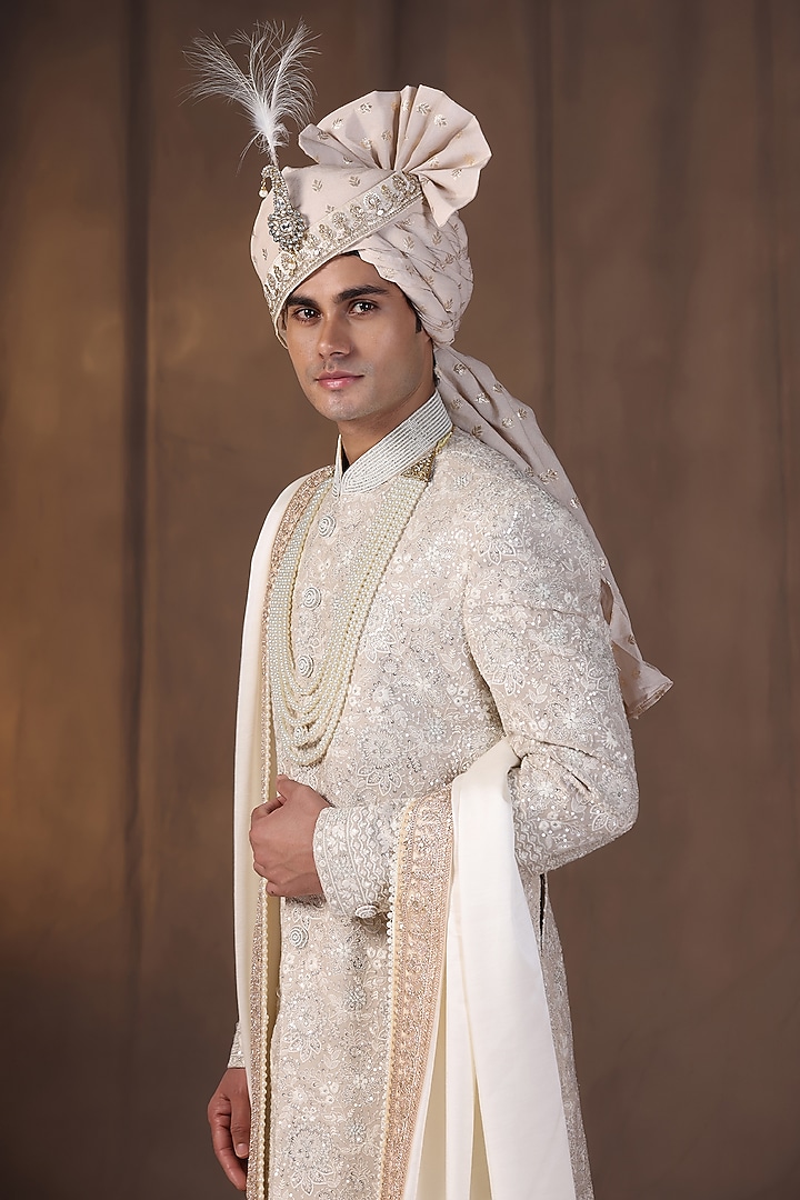 Light Grey Ivory Jacquard Silk Pearl and Dabka Hand Embroidered Wedding Sherwani Set by Zoop Men at Pernia's Pop Up Shop
