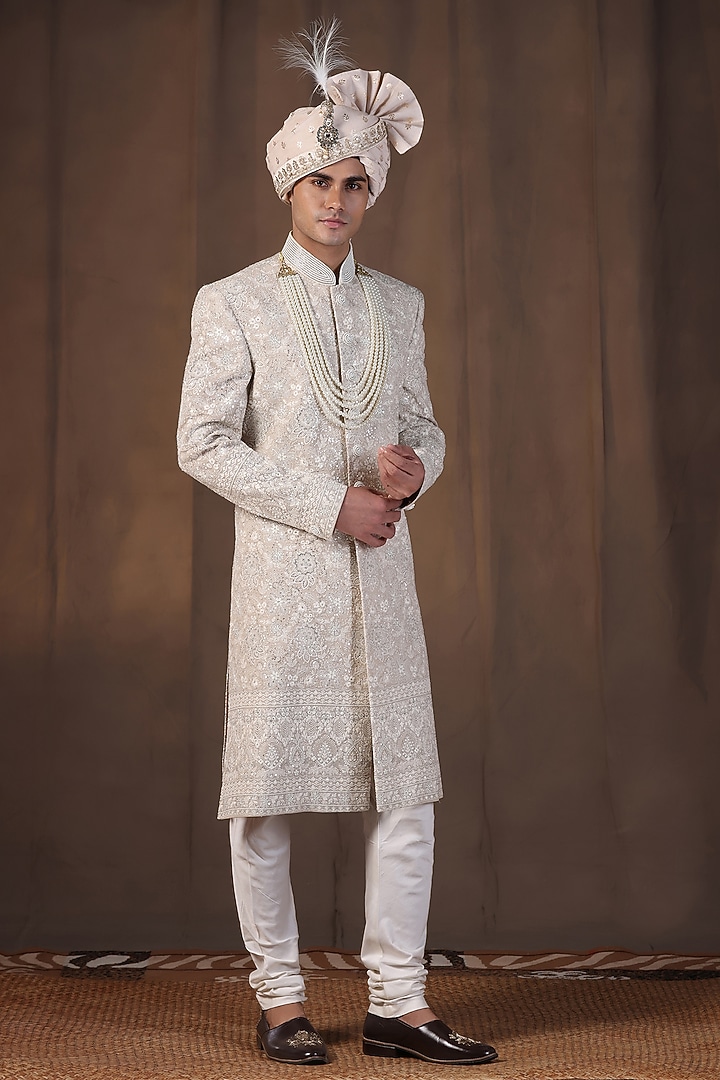 Light Grey Ivory Jacquard Silk Pearl and Dabka Hand Embroidered Wedding Sherwani Set by Zoop Men at Pernia's Pop Up Shop