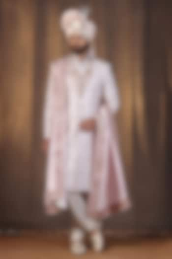 Light Pink Jacquard Silk Pearl and Dabka Hand Embroidered Groom Sherwani Set by Zoop Men at Pernia's Pop Up Shop