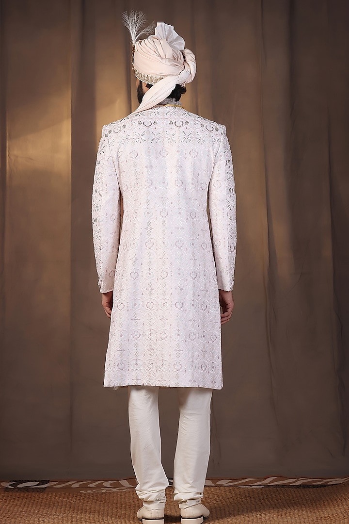 Light Pink Jacquard Silk Pearl and Dabka Hand Embroidered Groom Sherwani Set by Zoop Men at Pernia's Pop Up Shop