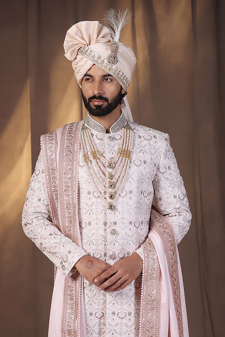 Light Pink Jacquard Silk Pearl and Dabka Hand Embroidered Groom