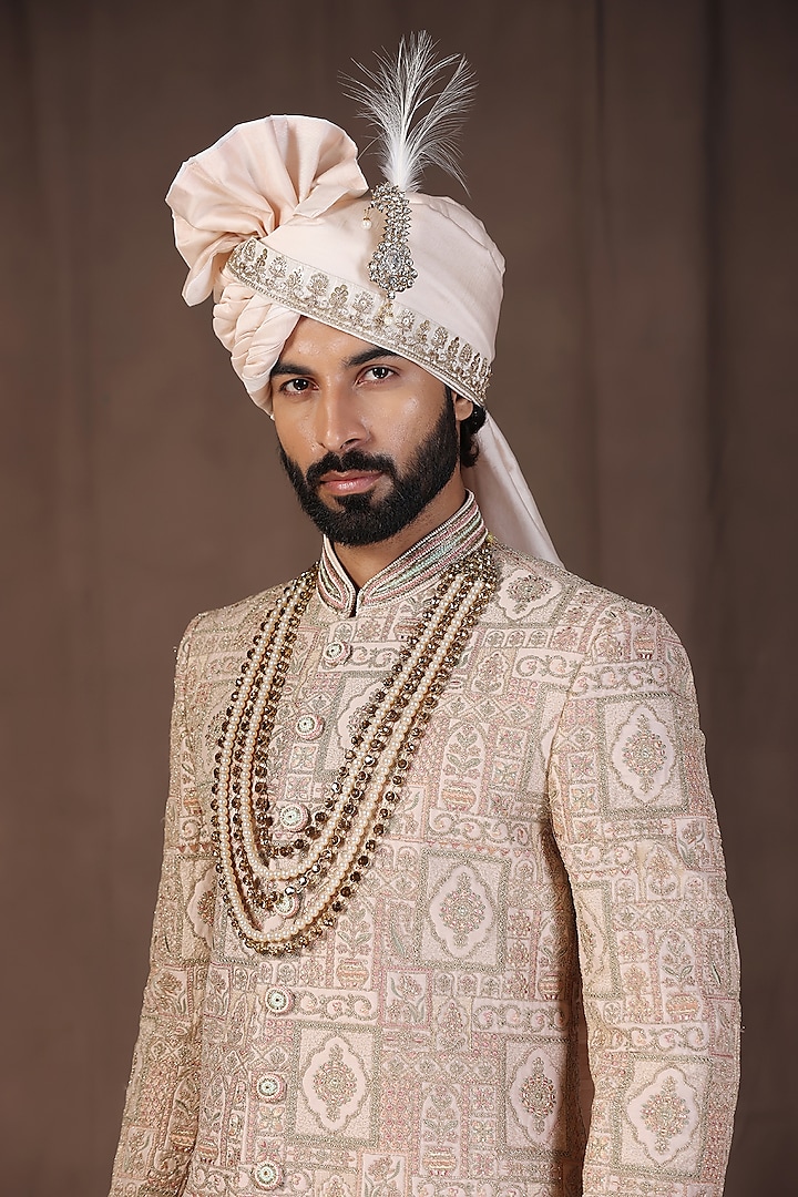 Light Gold Jacquard Silk Machine Embroidered Groom Sherwani Set by Zoop Men at Pernia's Pop Up Shop