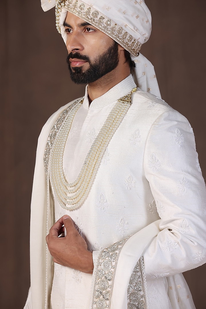 White Raw Silk Thread & Pearl Hand Embroidered Groom Sherwani Set by Zoop Men at Pernia's Pop Up Shop