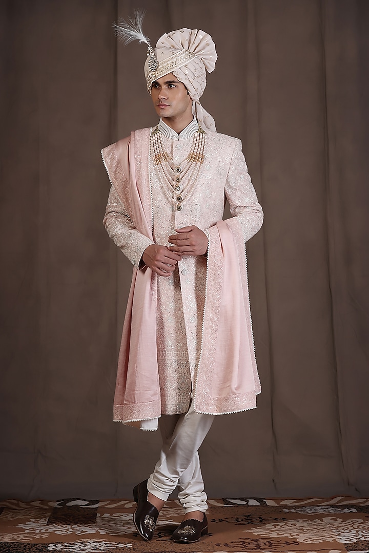 Light Pink Jacquard Silk Pearl and Dabka Hand Embroidered Sherwani Set by Zoop Men